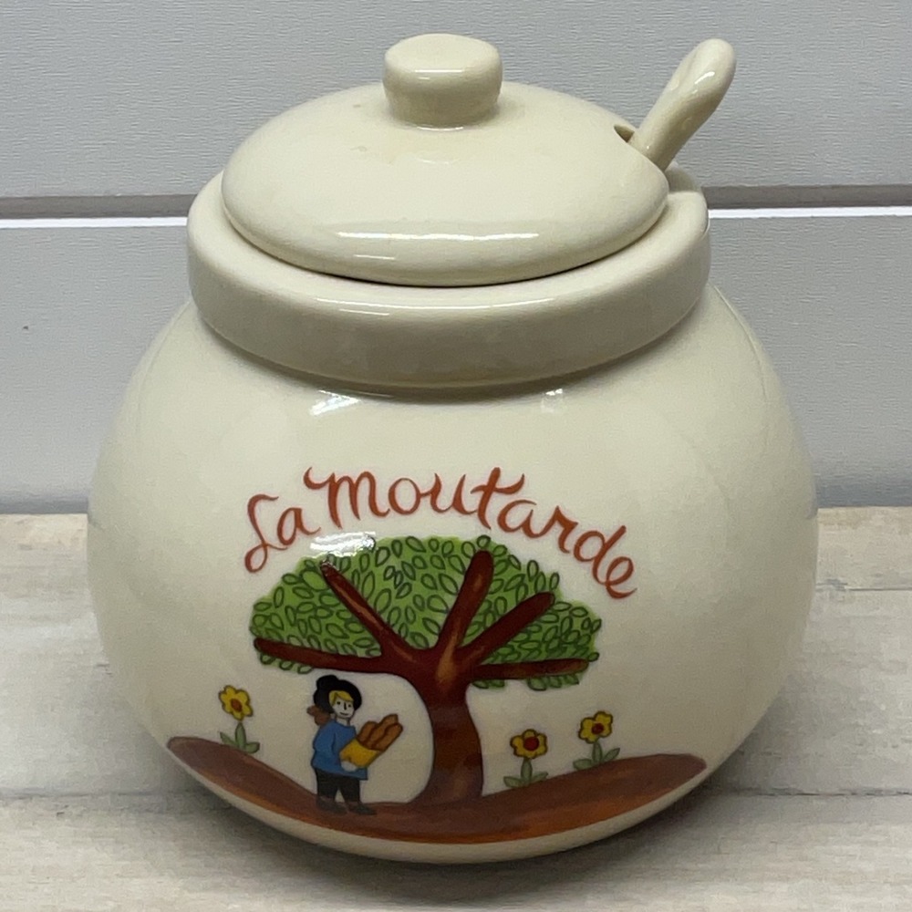 Gallery Originals 1984 La Moutarde Ceramic Mustard Pot with Lid and Spoon Cream